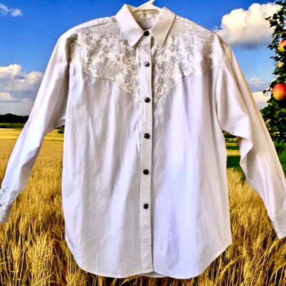 Longhorn Western Shirt Womens Medium White Button Up Long Sleeve Pretty - Picture 5 of 15